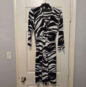 Zebra-Print Black & White Faux-Wrap Midi Dress